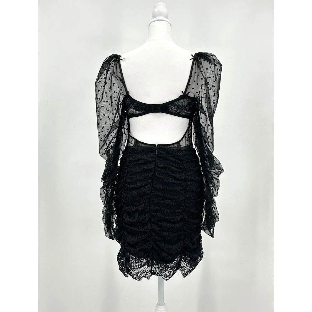 For Love & Lemons Black Lace Polka Dot Corset Sheer Ruched Mini Dress Womens L - Picture 5 of 11